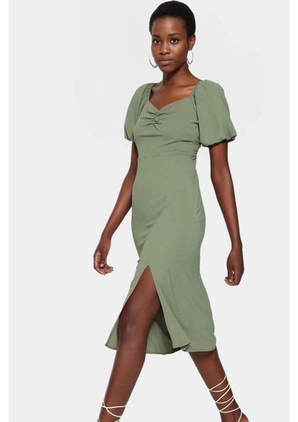 Rahat ve Şık Dokuma Elbise Midi Boy A Line Kalp Yaka Yazlık Kombinler Için Seçkin Malzeme