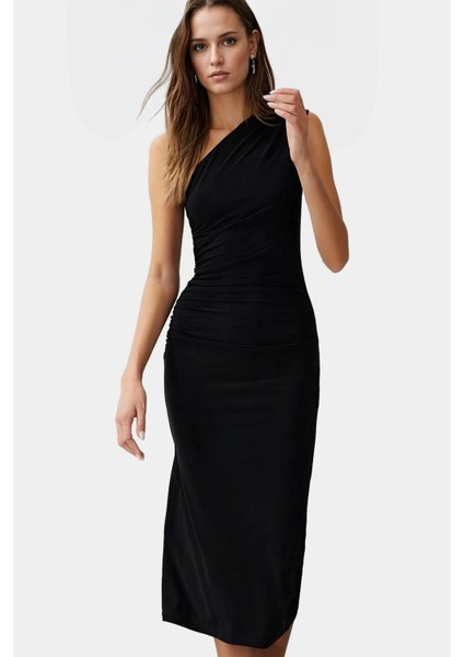 Bodycon Midi Elbise Kolsuz Tek Omuz Örme Kumaş Günlük Şık Dayanıklı Malzeme
