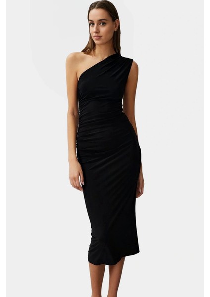 Bodycon Midi Elbise Kolsuz Tek Omuz Örme Kumaş Günlük Şık Dayanıklı Malzeme fiyatları