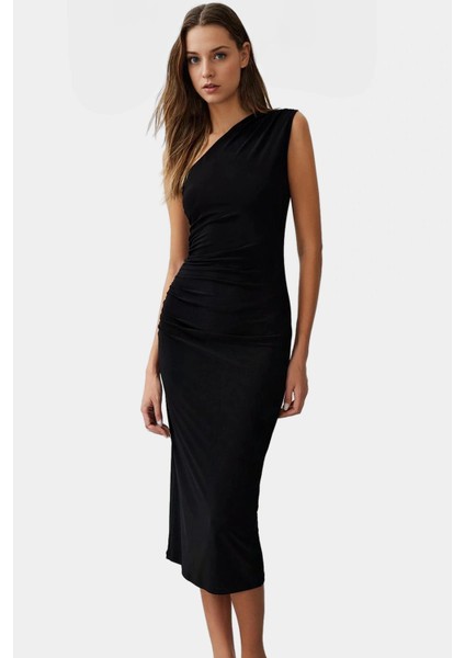 Bodycon Midi Elbise Kolsuz Tek Omuz Örme Kumaş Günlük Şık Dayanıklı Malzeme modelleri