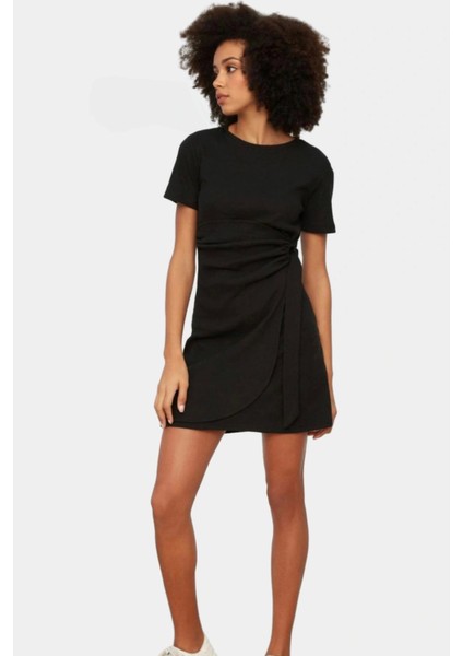 Rahat ve Şık Örme Mini Elbise Bisiklet Yaka Bağlama Detayı Uzun Ömürlü Trend Tasarım modelleri