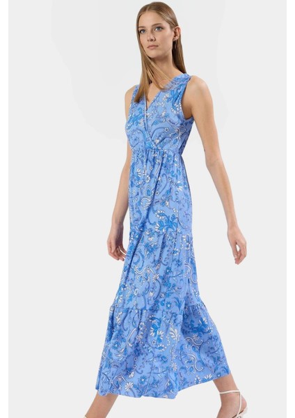 Maxi Boy Örme Elbise V Yaka Çiçek Desen Rahat Kalıp Yazlık ve Şık Zarifane Tasarım