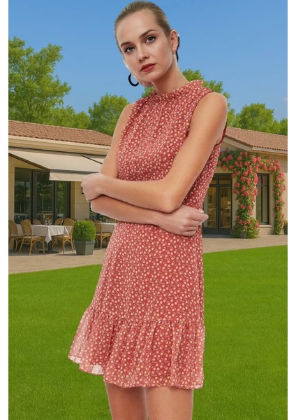 Şifon Astarlı Çiçekli Mini Elbise Dik Yaka A Kesim Yazlık Günlük Kullanım Için Özenle Seçilmiş