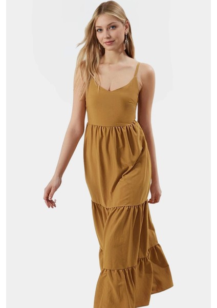 Kolsuz Maxi Elbise Skater Kalıp Lilyum Dokuma Günlük Kullanım Modern Stil Şık Görünüm