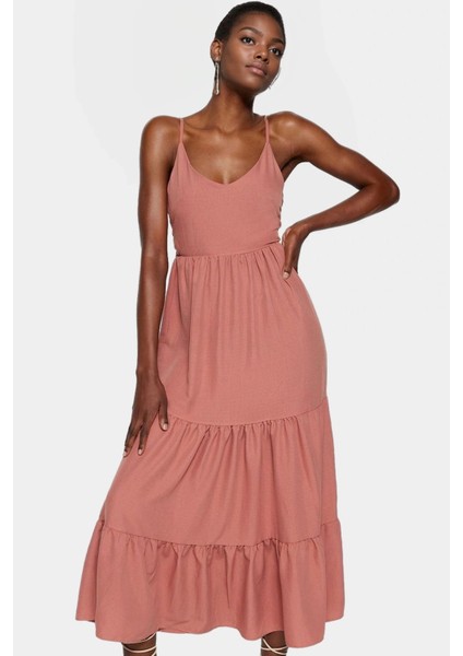 Kolsuz Maxi Elbise Skater Kalıp Lilyum Dokuma Günlük Kullanım Modern Stil Şık Görünüm