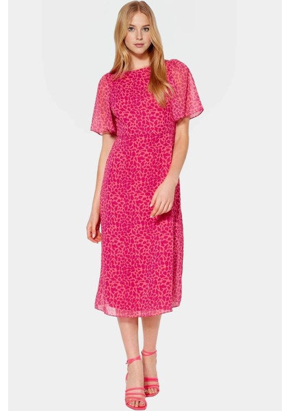 A Line Hayvan Desenli Şifon Elbise Melek Kol Midi Boy Polyester Şık Görünüm Özel Tasarım