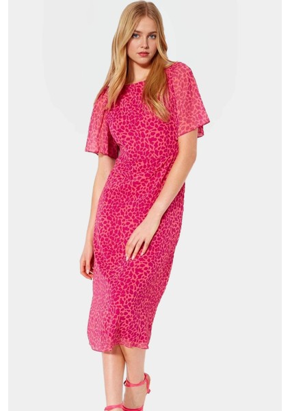 A Line Hayvan Desenli Şifon Elbise Melek Kol Midi Boy Polyester Şık Görünüm Özel Tasarım modelleri