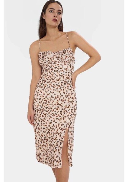 Leopar Desenli Kolsuz Midi Elbise Yazlık Bodycon Dokuma Mükemmel Uyum Konforlu Kesim Şık Görünüm modelleri