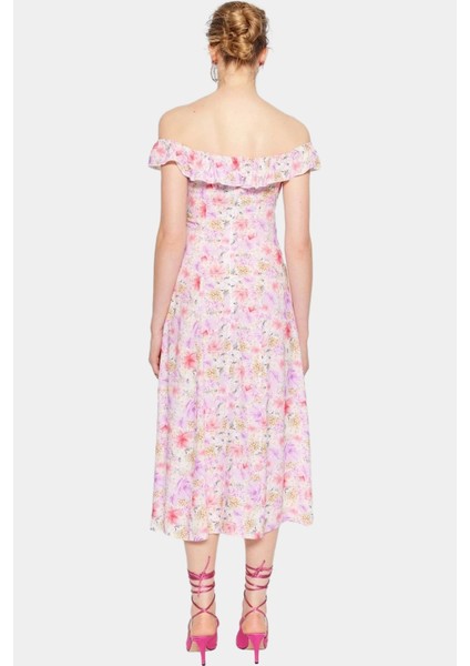 A Kesim Carmen Yaka Şık Midi Elbise Çiçek Desenli Shally Dokuma Mükemmel Uyum Uzun Ömürlü fiyatları