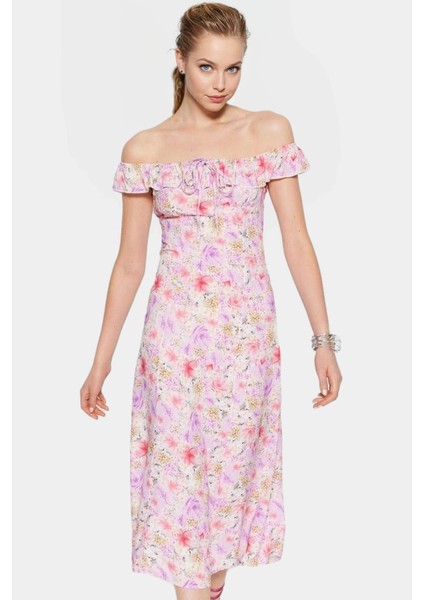 A Kesim Carmen Yaka Şık Midi Elbise Çiçek Desenli Shally Dokuma Mükemmel Uyum Uzun Ömürlü modelleri