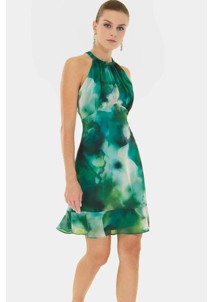 Çiçekli A Line Şifon Elbise Halter Yaka Mini Boy Astarlı Konforlu Kesim Modern Stil modelleri