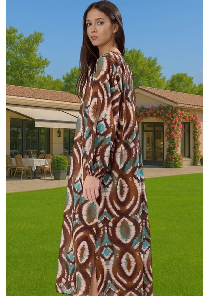 Rahat Pamuklu Maxi Elbise Etnik Desenli Balon Kol Günlük Şık Şık Görünüm Seçkin Malzeme Modern Stil