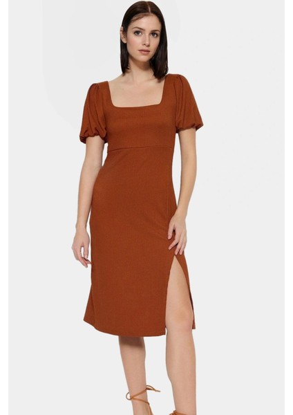 A Line Örme Midi Elbise Balon Kol Kare Yaka Renk Günlük Dayanıklı Malzeme Şık Görünüm