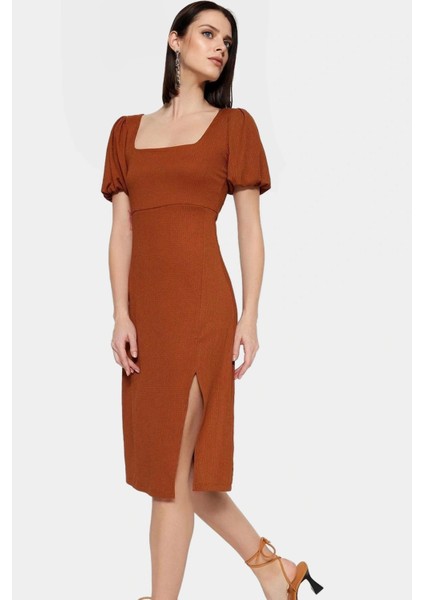 A Line Örme Midi Elbise Balon Kol Kare Yaka Renk Günlük Dayanıklı Malzeme Şık Görünüm fiyatları