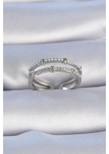 Bfs Pirinç Gümüş Renk Zirkon Taşlı Inci Detay Kadın Yüzük