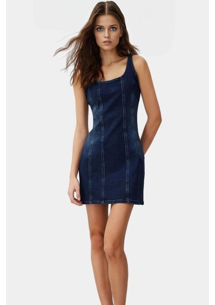 Rahat Pamuklu Denim Mini Elbise Fitted Bisiklet Yaka Günlük Stil Özenle Seçilmiş Uzun Ömürlü modelleri