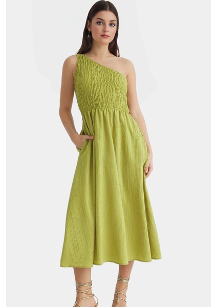 Asimetrik Yaka Midi Elbise Yazlık Şık Dokuma Modern Stil Dayanıklı Malzeme Uzun Ömürlü modelleri