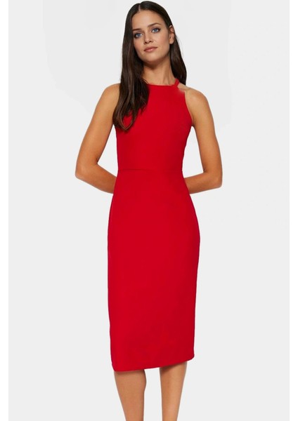 Bodycon Midi Elbise Şık Halter Yaka Nefes Alan Dokuma Kumaş Günlük ve Özel Günler Için modelleri