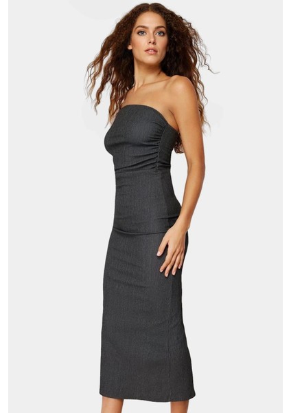 Straplez Bodycon Elbise Esnek Örme Kumaş Midi Boy Yazlık Konforlu Kesim Dayanıklı Malzeme