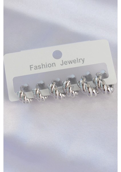 Bfs Pirinç Gümüş Renk Minimal Tırtıklı Küpe Seti