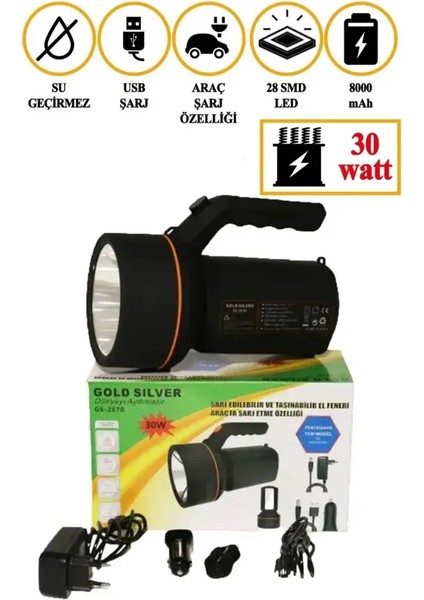 Gold Silver GS-2670 Araçta Şarj Edilebilen Elde Taşınabilir El Feneri modelleri