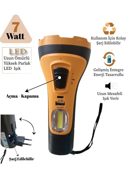 GS-4275 Şarj Edilebilir El Feneri 7 Watt, Cob Aydınlatmalı Portatif El Feneri modelleri