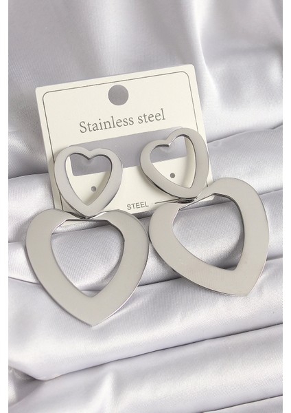 Bfs 316L Çelik Gümüş Renk Kalp Model Kadın Küpe