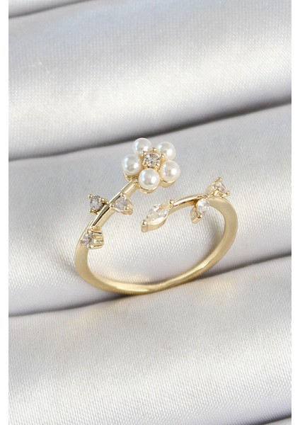 Bfs Pirinç Inci Detaylı Papatya Figürlü Zirkon Taşlı Gold Renk Ayarlanabilir Kadın Yüzük