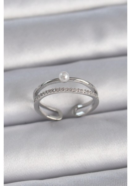 Bfs Pirinç Gümüş Renk Zirkon Taşlı Inci Detay Ayarlanabilir Model Kadın Yüzük
