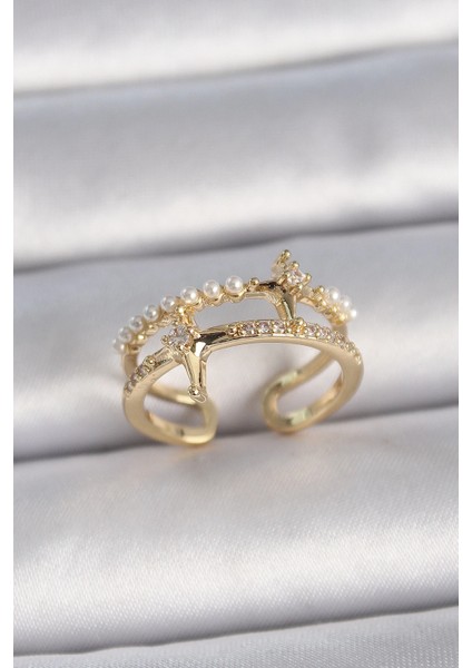 Bfs Pirinç Gold Renk Ayarlanabilir Zirkon Taşlı Incili Yıldız Model Kadın Yüzük