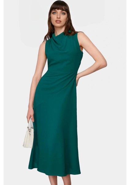 A Line Polyester Midi Elbise Degaje Yaka Krep Dokuma Astarlı Premium Kalite Modern Stil modelleri