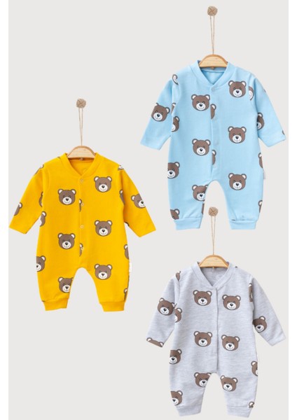 %100 Pamuk Ayıcık Desenli 3'lü Tulum Kısa Kol Gömlek Yaka Sarı Mavi Gri