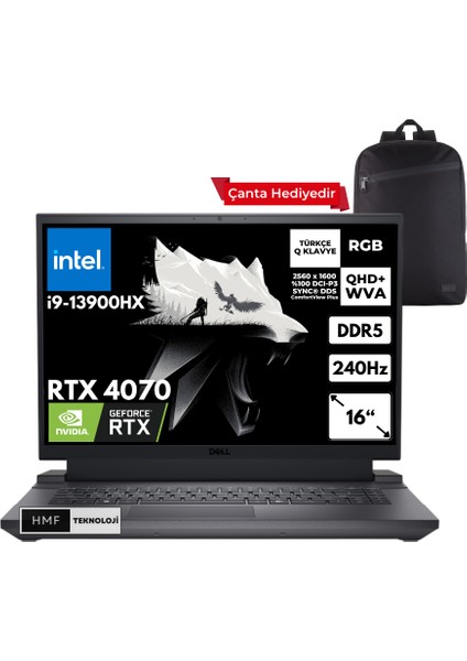 G16 7630 I9-13900HX 48-Gbddr5 4 Tbssd RTX4070 (8 Gb) Qhd+ 16" 240Hz Windows 10 Pro Taşınabilir Bilgisayar + Hmf Sırt Çantası G76302401024UHMFC60