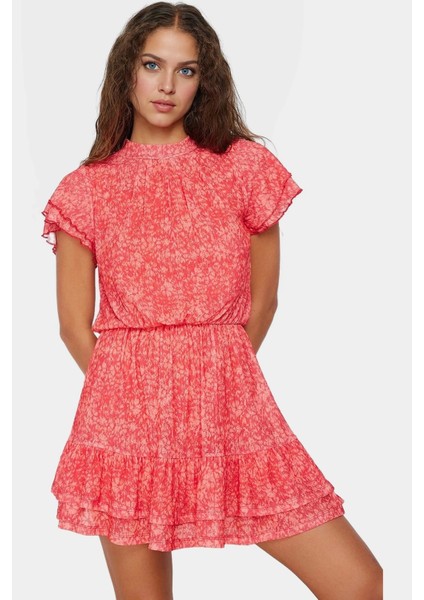 Astarlı Kısa Kollu Çiçekli Mini Elbise Dik Yaka Örme Kumaş Günlük Tarz Özenle Seçilmiş