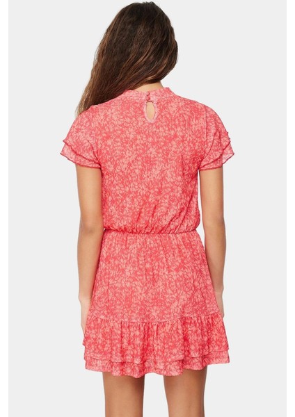 Astarlı Kısa Kollu Çiçekli Mini Elbise Dik Yaka Örme Kumaş Günlük Tarz Özenle Seçilmiş fiyatları