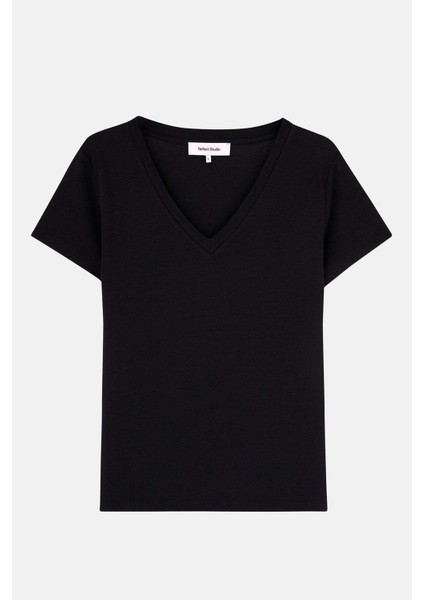 Basic Lightweight V Yaka Kadın T-Shirt - Siyah
