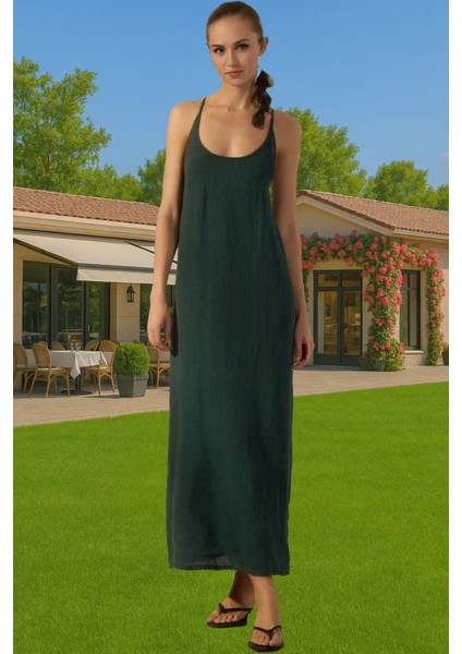 Şık Kadın Keten Maxi Elbise V Yaka Kolsuz Yazlık Rahat Kullanım Rahat Kullanım Modern Stil