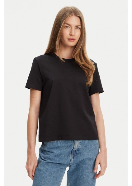 Kadın Regular Fit Bisiklet Yaka Minimalist Logolu T-Shirt - Siyah