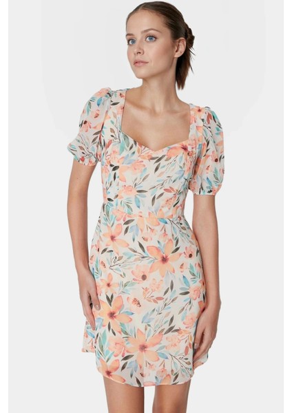 Yazlık Çiçekli Mini Elbise Rahat A Line Şifon Kısa Kollu ve Şık Dayanıklı Malzeme