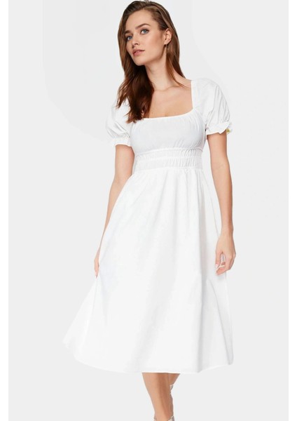 Midi Boy Kadın Terrycotton Skater Elbise Kare Yaka Kısa Kollu Rahat Kesim Yüksek Kalite