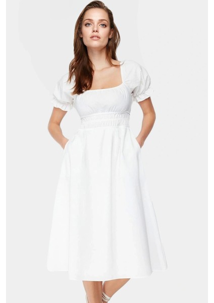 Midi Boy Kadın Terrycotton Skater Elbise Kare Yaka Kısa Kollu Rahat Kesim Yüksek Kalite fiyatları