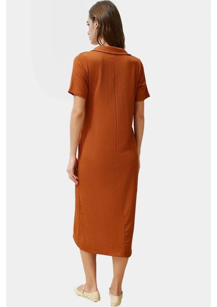 Rahat Kalıp Örme Midi Elbise Yazlık Polyester Kumaş Polo Yaka Kısa Kol Premium Kalite fırsatları