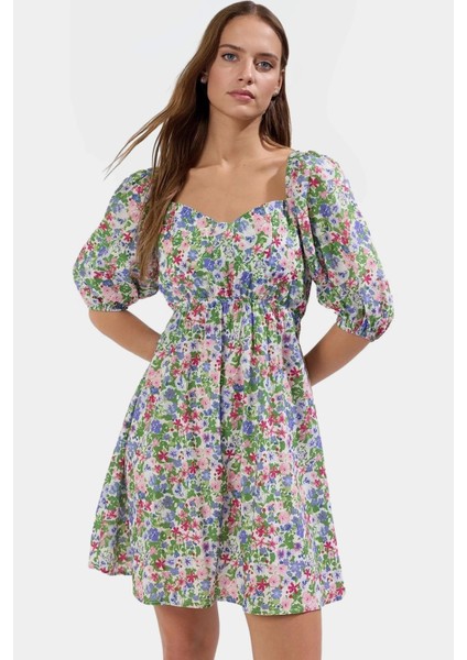 Dokuma Polyester Mini Elbise Çiçekli Desen Belden Kalp Yaka Yaz Şık Görünüm Modern Stil fiyatları