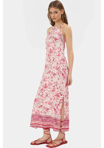 Rahat Viskoz Maxi Elbise Çiçek Desenli A Kesim Halter Yaka Yazlık Seçkin Malzeme