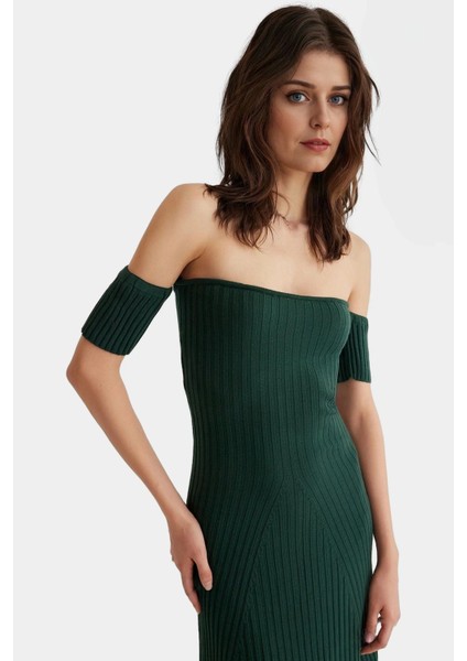 Akrilik Triko Midi Elbise Carmen Yaka A Line Kalıp Kolsuz Tasarım Kaliteli Işçilik Yüksek Kalite