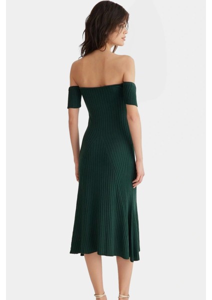 Akrilik Triko Midi Elbise Carmen Yaka A Line Kalıp Kolsuz Tasarım Kaliteli Işçilik Yüksek Kalite modelleri