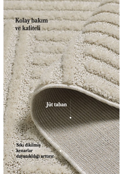 Modern Trend Tasarım Yumuşak Dokulu Özel Ebat Kesim Overloklu Jüt Taban Makine Halısı Krem