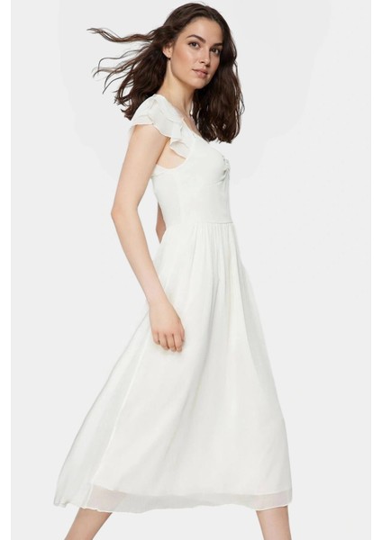 Astarlı Şifon Elbise Skater Midi Büzgülü Kol Dokuma Kumaş Günlük Kullanım Için