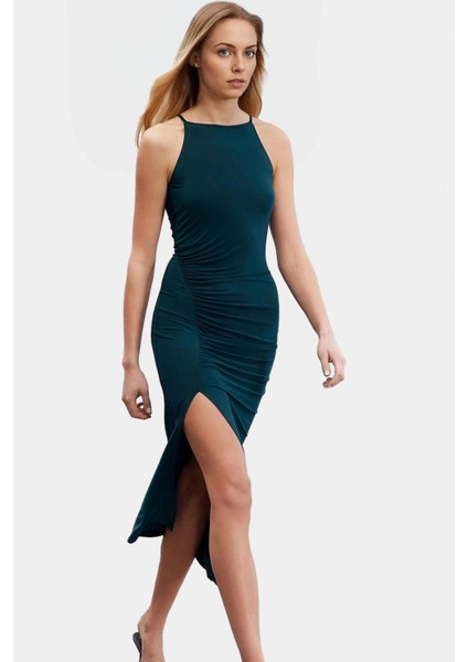 Esnek Maxi Elbise Halter Yaka Örme Kumaş Bodycon Midi Boy Rahat ve Şık Mükemmel Uyum modelleri