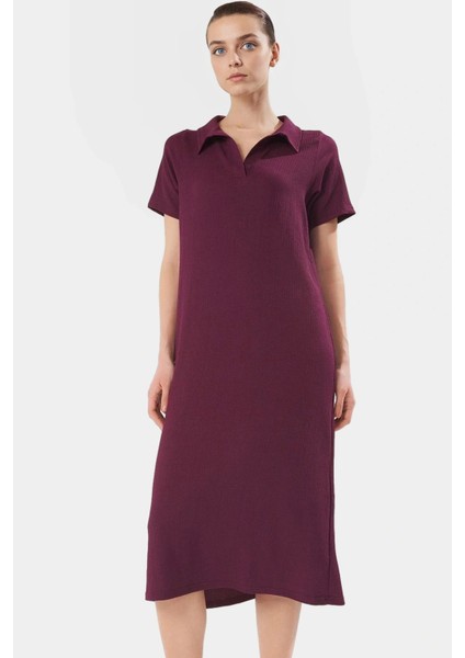 Rahat Kalıp Örme Midi Elbise Yazlık Polyester Kumaş Polo Yaka Kısa Kol Premium Kalite